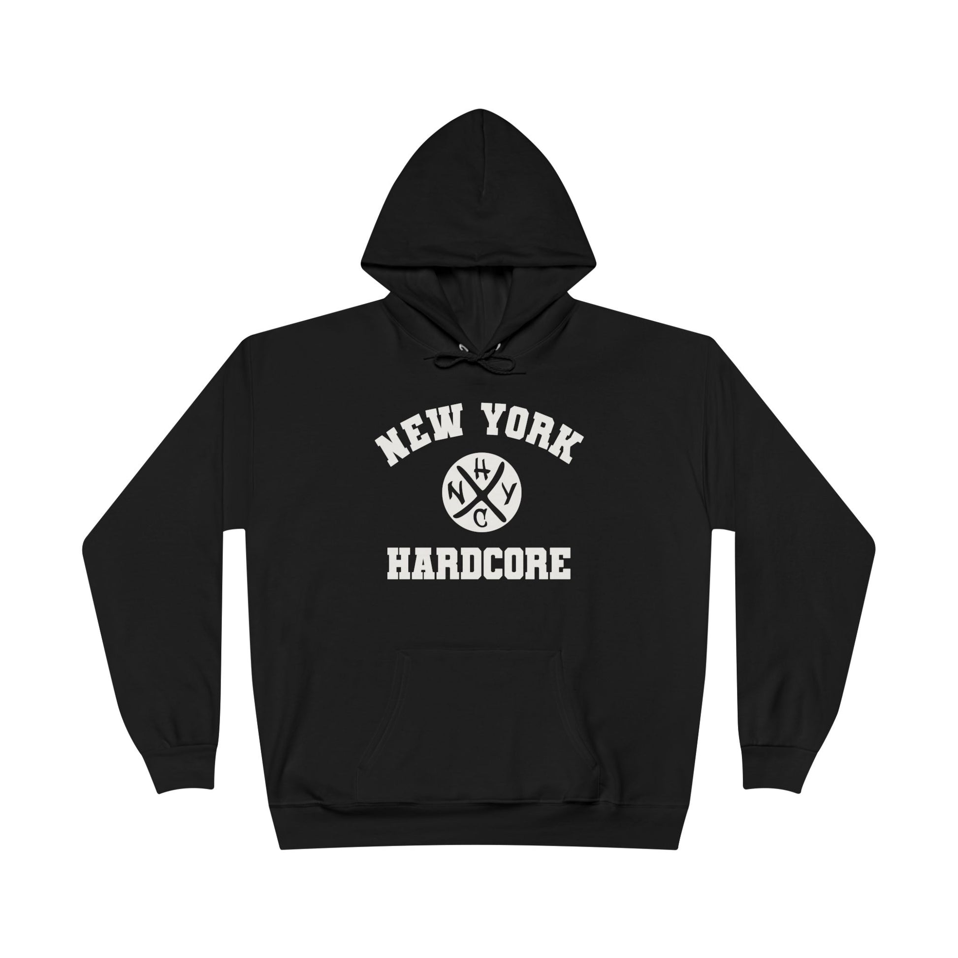 Black hoodie with 'New York Hardcore' text on a white background