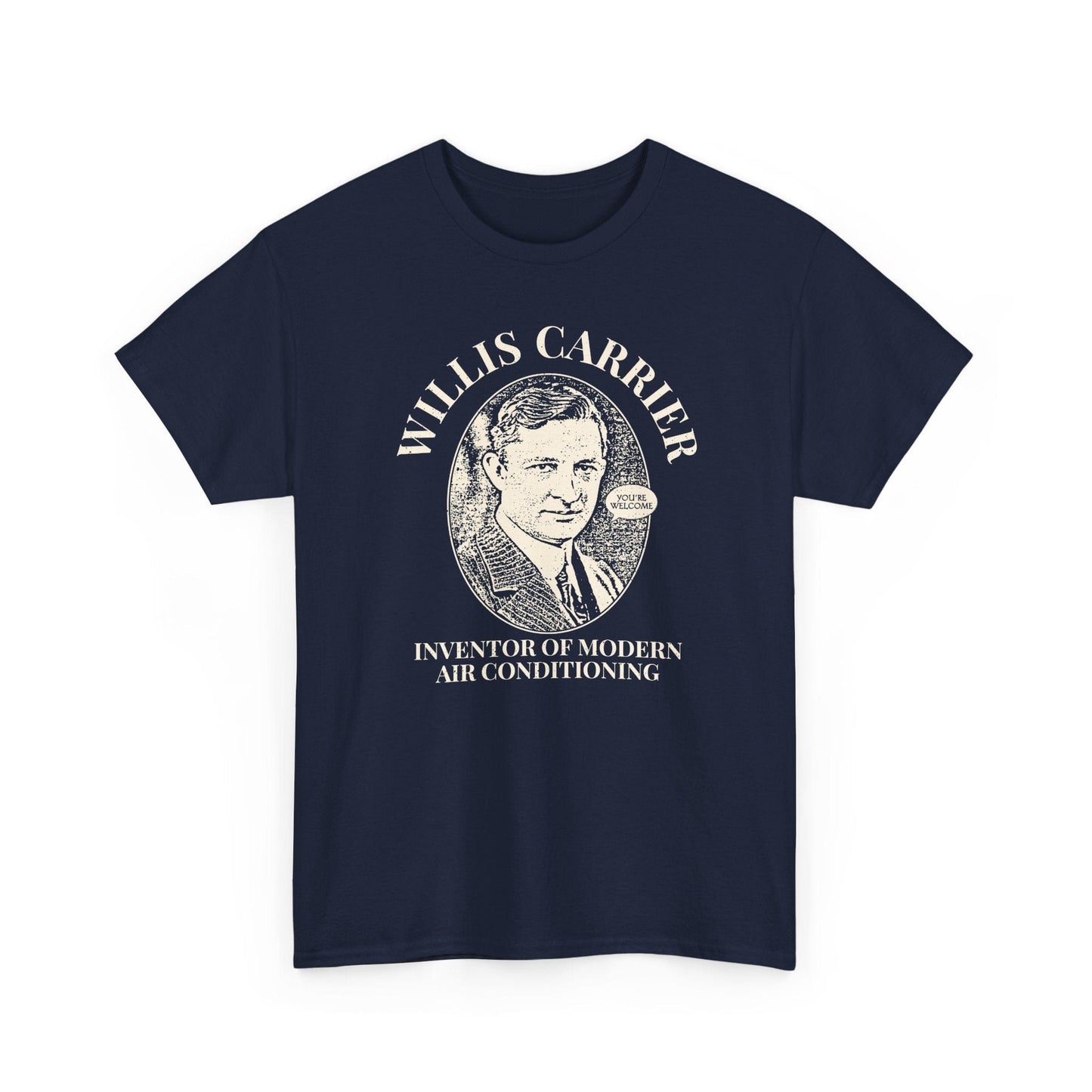 Navy blue t-shirt with a graphic of Willis Carrier and text on a white background