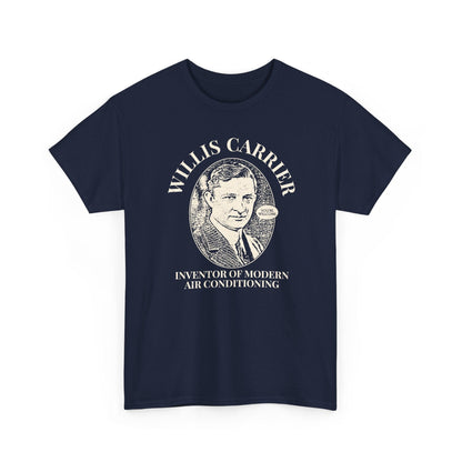 Navy blue t-shirt with a graphic of Willis Carrier and text on a white background