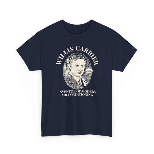 Navy blue t-shirt with a graphic of Willis Carrier and text on a white background