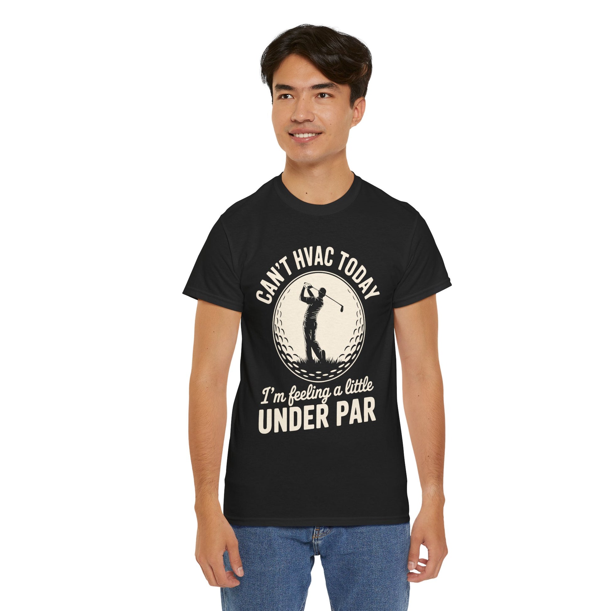 Man wearing a Black t-shirt with HVAC and golf-themed text and graphic on a white background