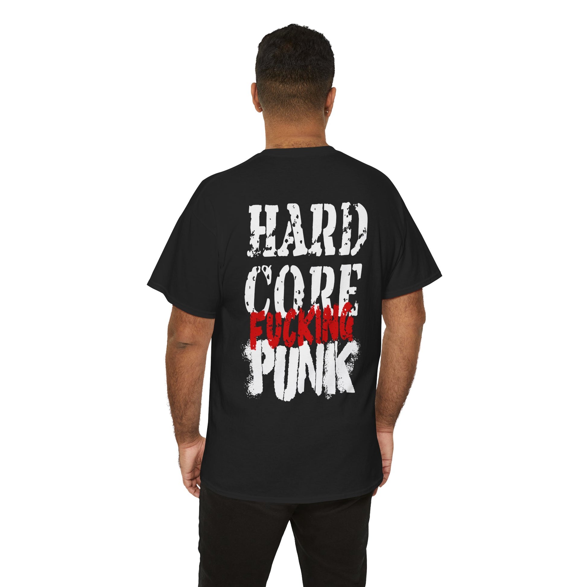Person wearing a black t-shirt with 'Hard Core F*cking Punk' text on the back.