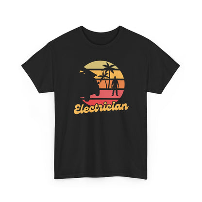 Black t-shirt with a graphic design of palm trees, a boat, and the word 'Electrician' on a white background.