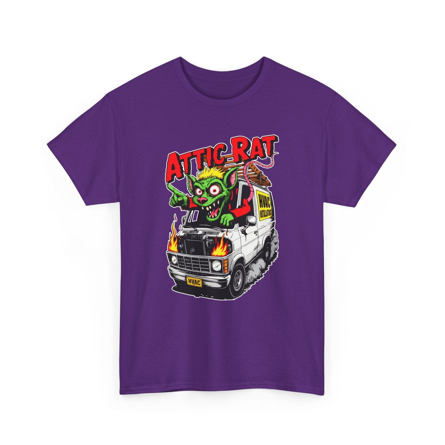 Purple t-shirt with 'Attic Rat' graphic design featuring a monster and van on a white background