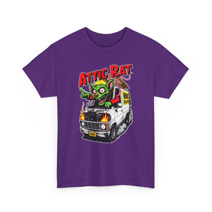 Purple t-shirt with 'Attic Rat' graphic design featuring a monster and van on a white background