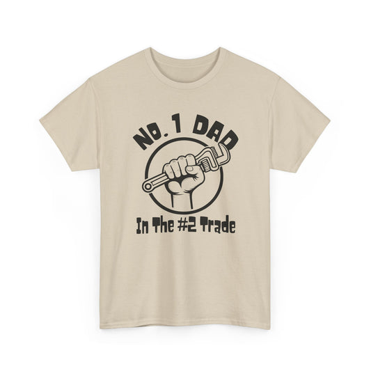 Beige t-shirt with black pipewrench graphic and Plumber dad text on a white background