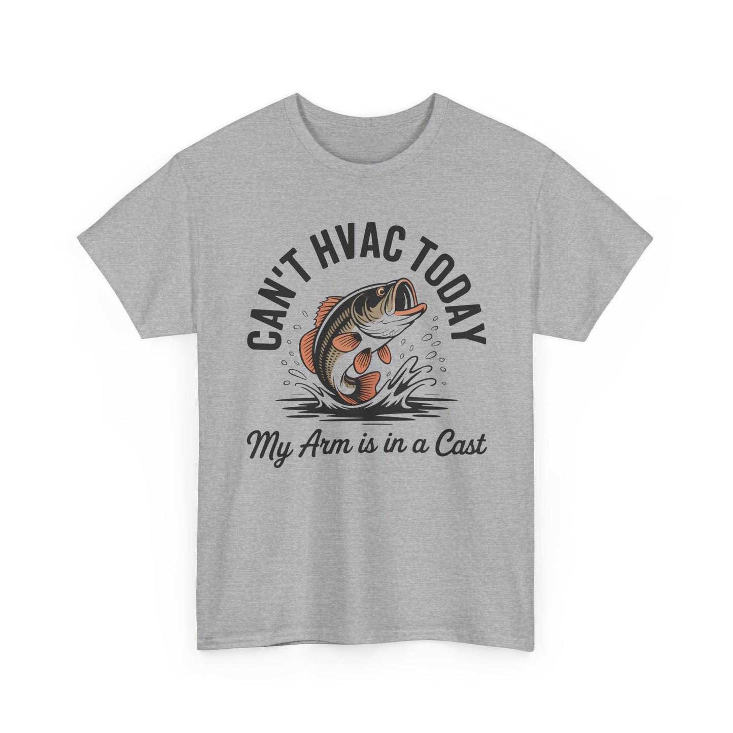 Gray t-shirt with a fish graphic and text 'Can't HVAC today' on a white background