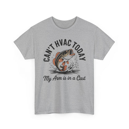 Gray t-shirt with a fish graphic and text 'Can't HVAC today' on a white background