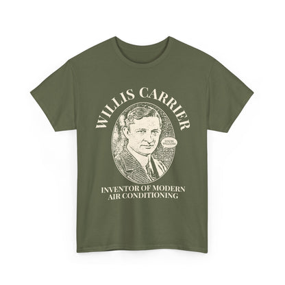 Green HVAC t-shirt with a graphic of Willis Carrier and text on a white background
