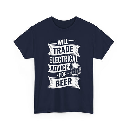 Navy Blue t-shirt with white text 'Electrical advice for beer'  and graphic on a white background