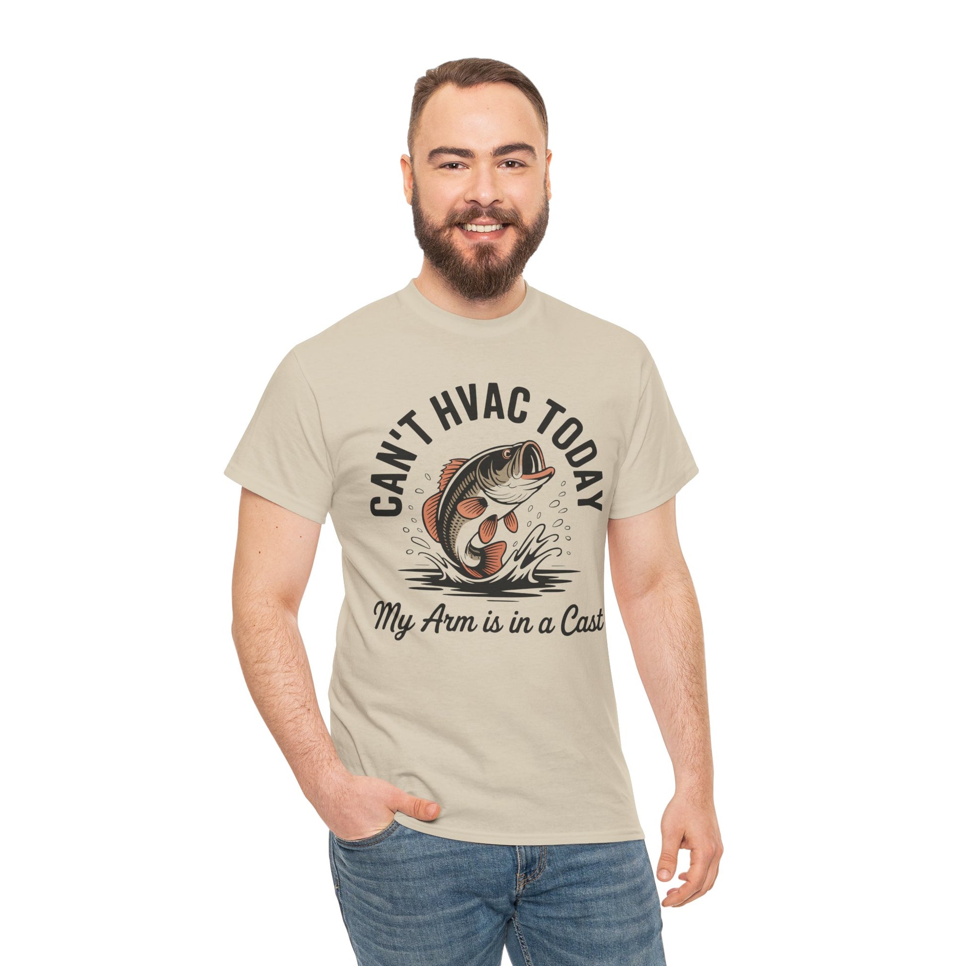 Man wearing a Beige t-shirt with a fish graphic and text 'Can't HVAC today' on a white background