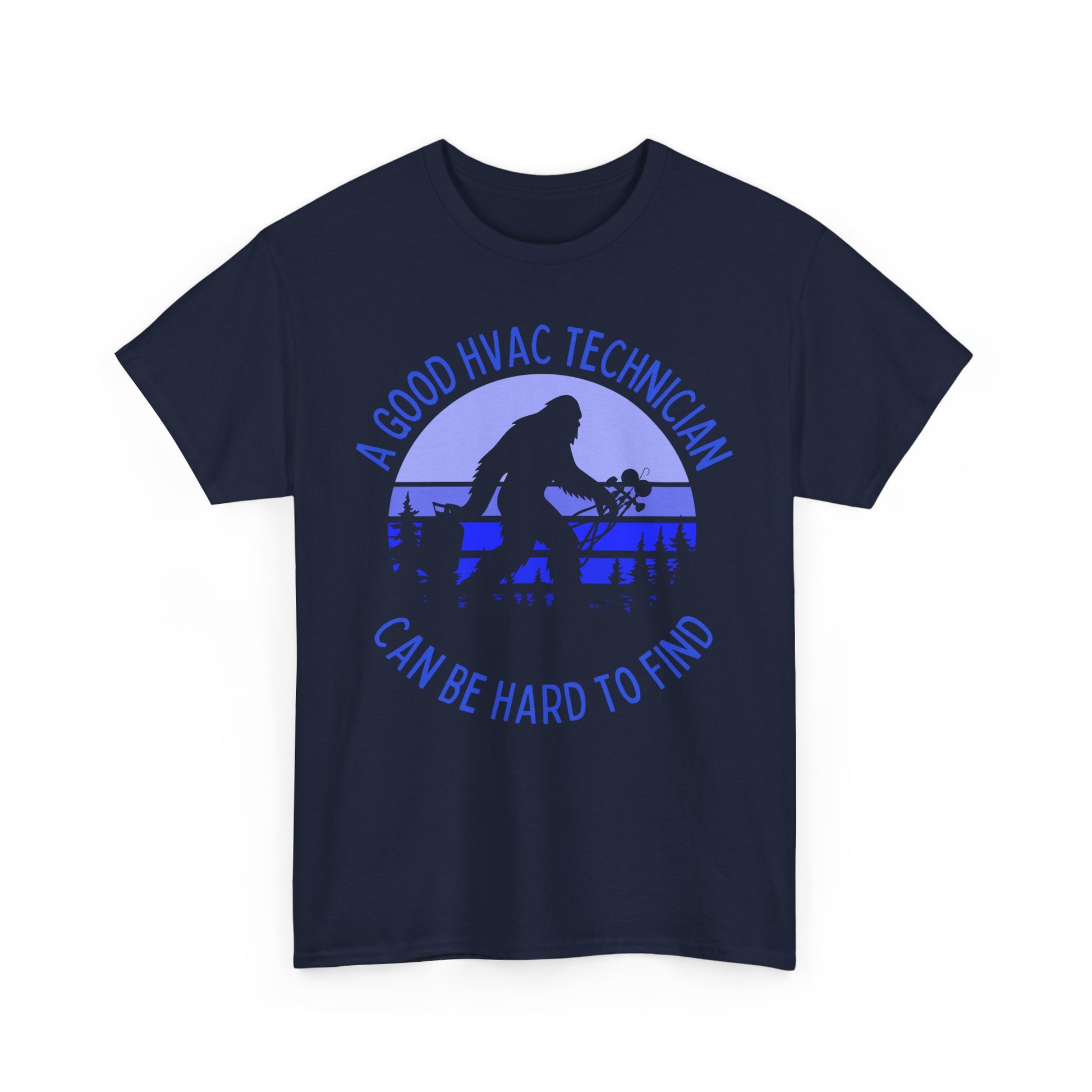 Navy Blue t-shirt with bigfoot graphic and  funny HVAC text 