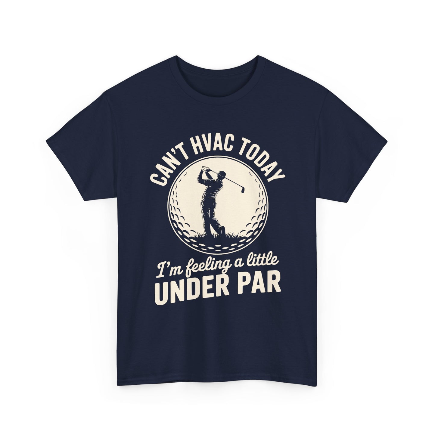 Navy t-shirt with HVAC and golf-themed text and graphic on a white background