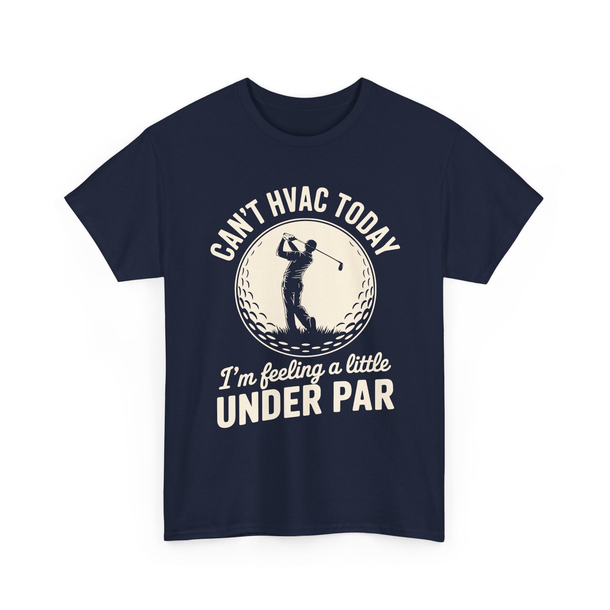 Navy t-shirt with HVAC and golf-themed text and graphic on a white background