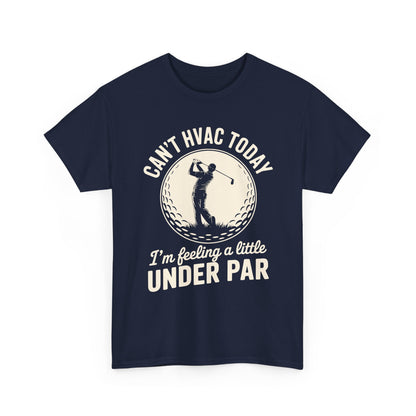 Navy t-shirt with HVAC and golf-themed text and graphic on a white background