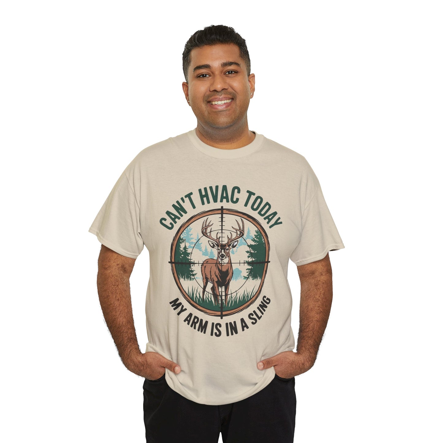 Man wearing a t-shirt with a Hunting graphic design and Funny HVAC text on a white background