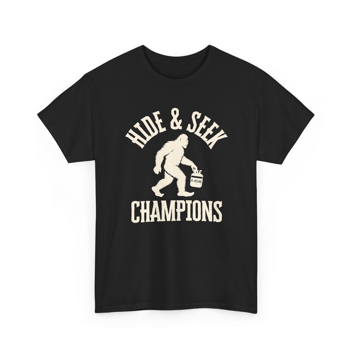 Black t-shirt with 'Hide & Seek Champions' graphic on a white background