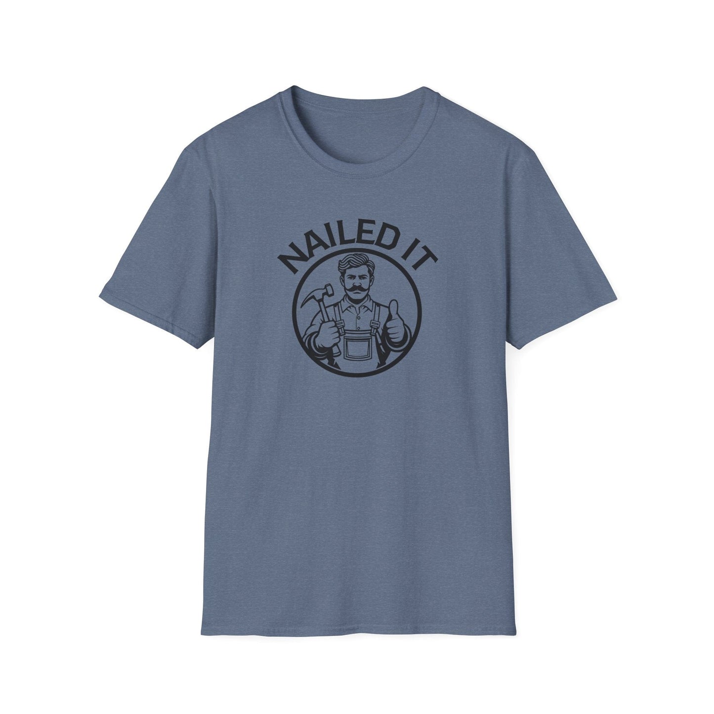 Blue t-shirt with 'NAILED IT' graphic on a white background