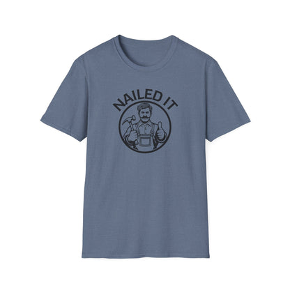 Blue t-shirt with 'NAILED IT' graphic on a white background