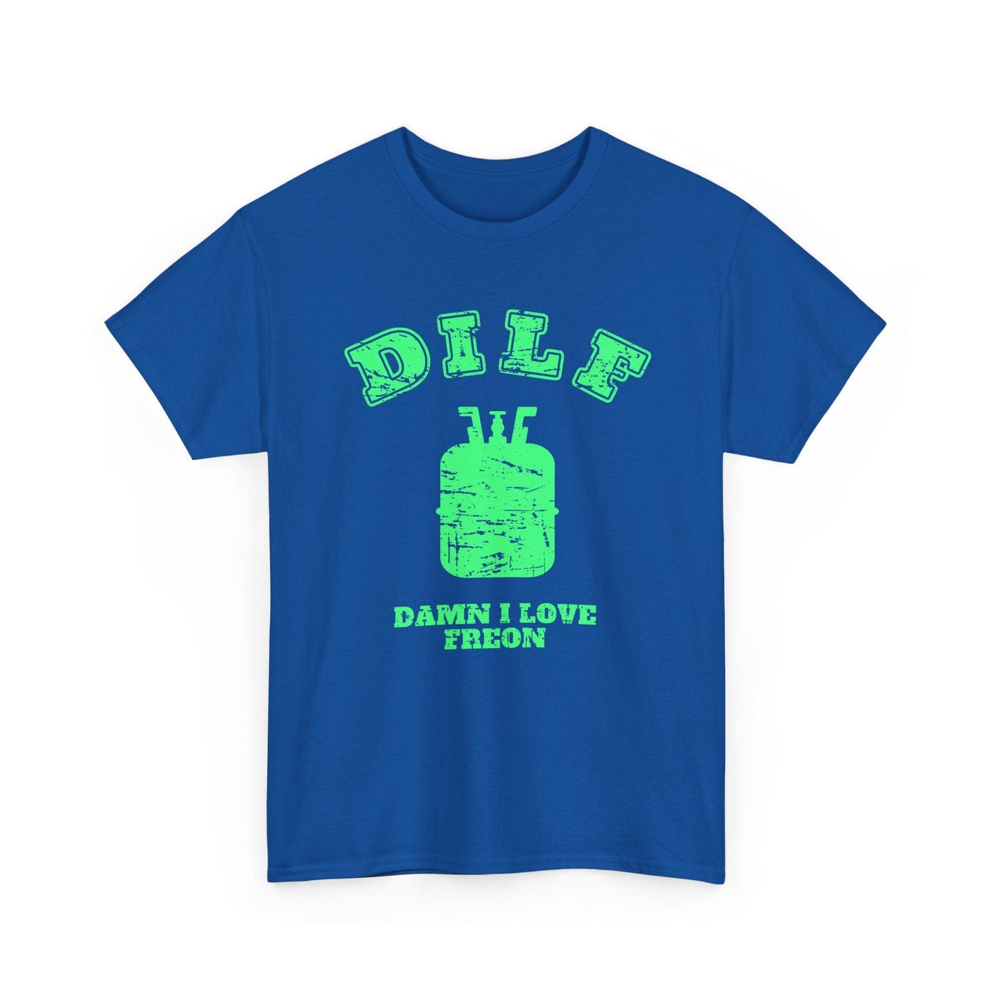 Blue t-shirt with green text and graphic on a white background