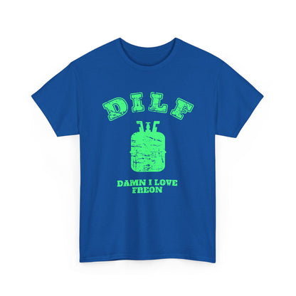 Blue t-shirt with green text and graphic on a white background