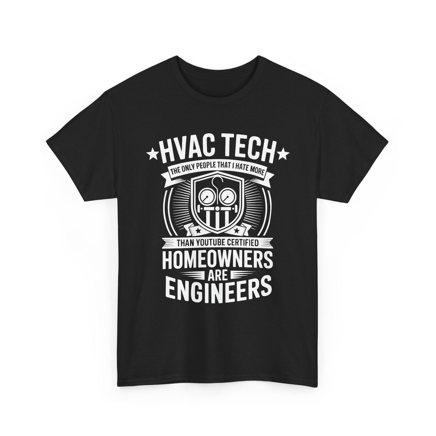 Black t-shirt with white HVAC Tech graphic and text on a white background
