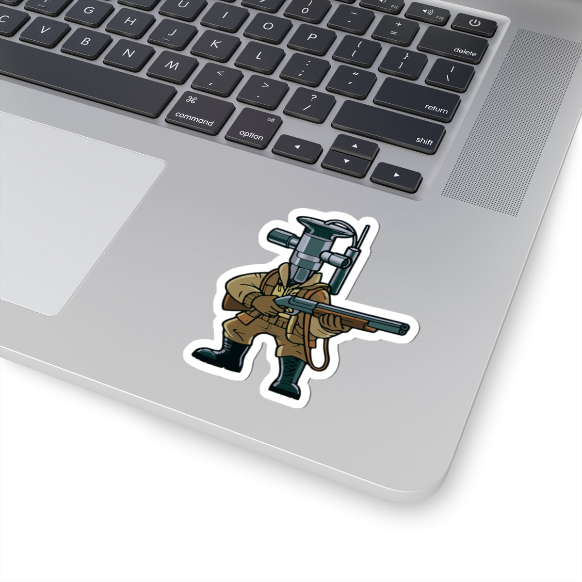 Laptop with a sticker of a Cartoon TXV Valve in hunting gear on a white background
