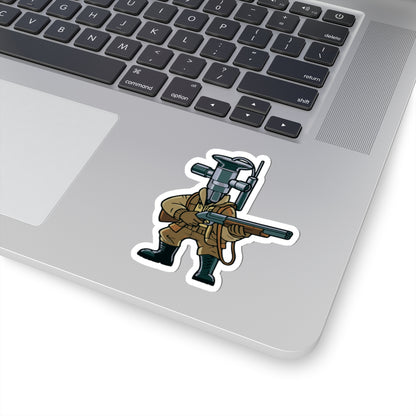 Laptop with a sticker of a Cartoon TXV Valve in hunting gear on a white background