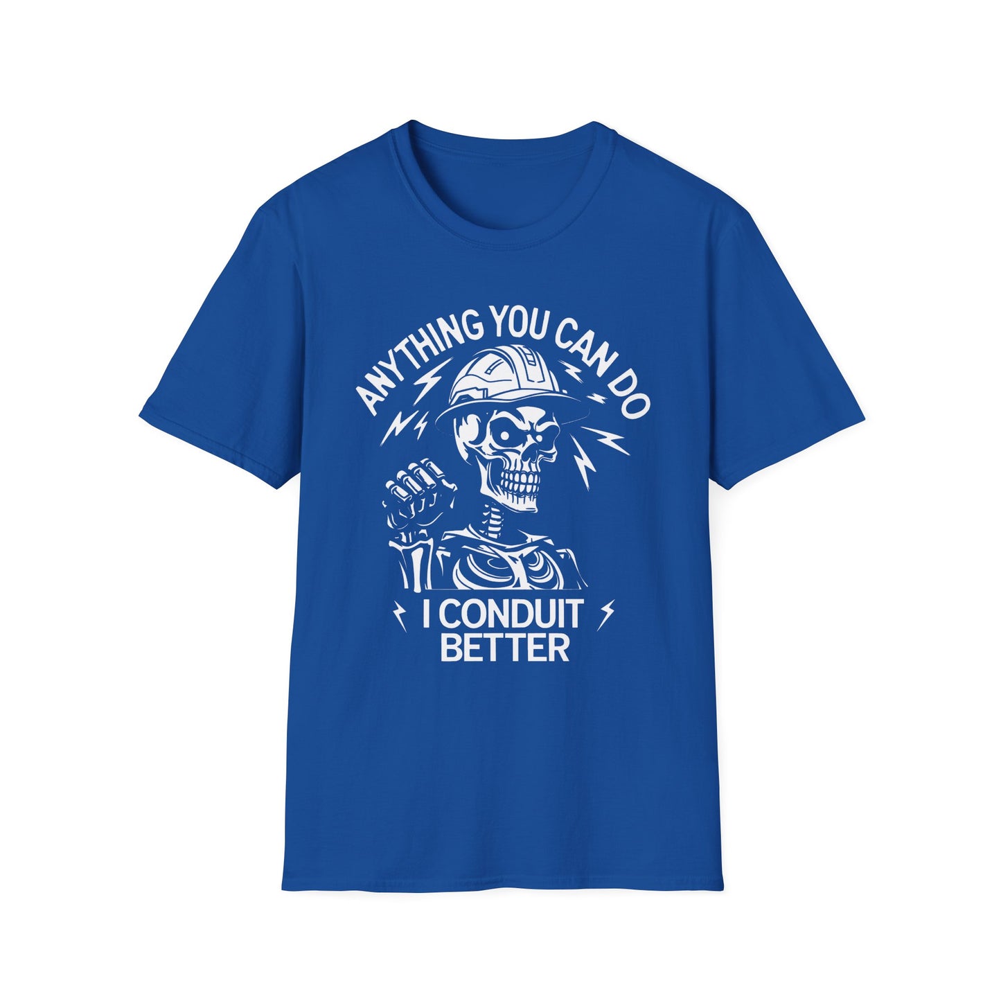Blue t-shirt with white graphic and text 'I conduit better'on a white background