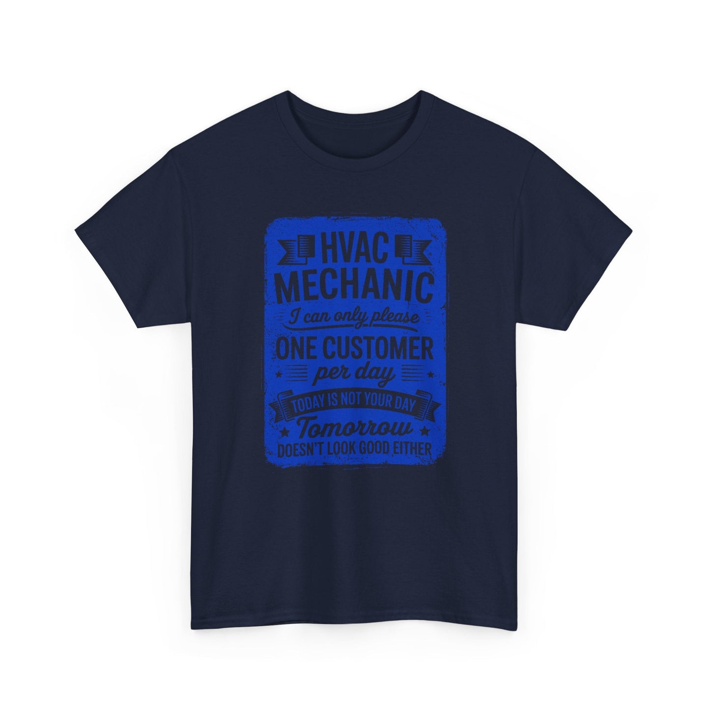 Navy blue t-shirt with blue text on a white background
