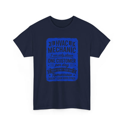 Navy blue t-shirt with blue text on a white background