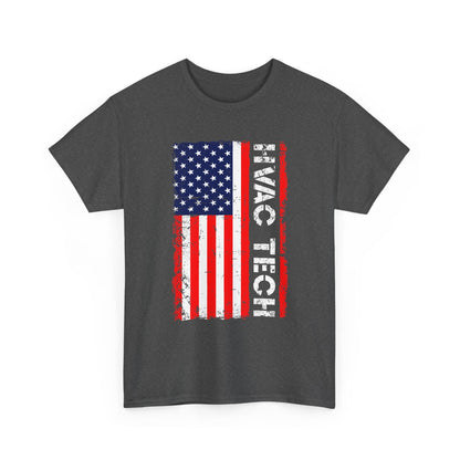 Dark gray t-shirt with American flag and 'HVAC TECH' text on a white background