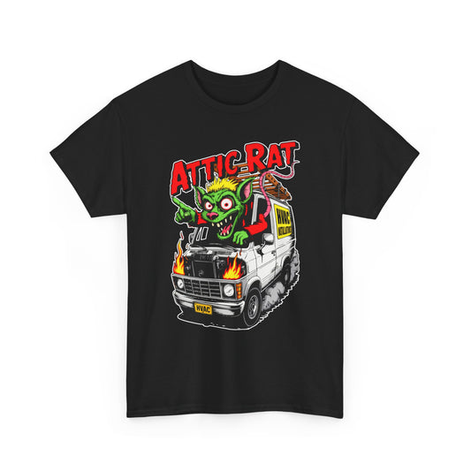 Black t-shirt with 'Attic Rat' graphic design featuring a van and cartoon rat on a white background