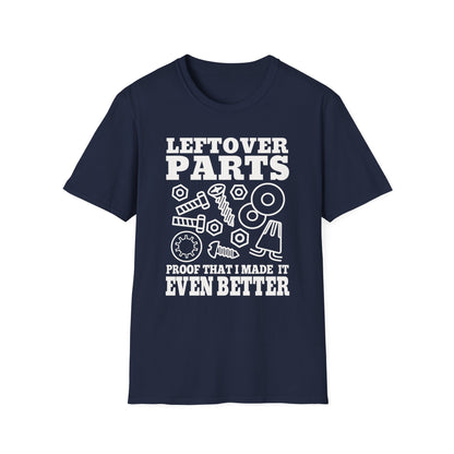 Navy Blue t-shirt with white graphic and 'Leftover Parts' text on a white background