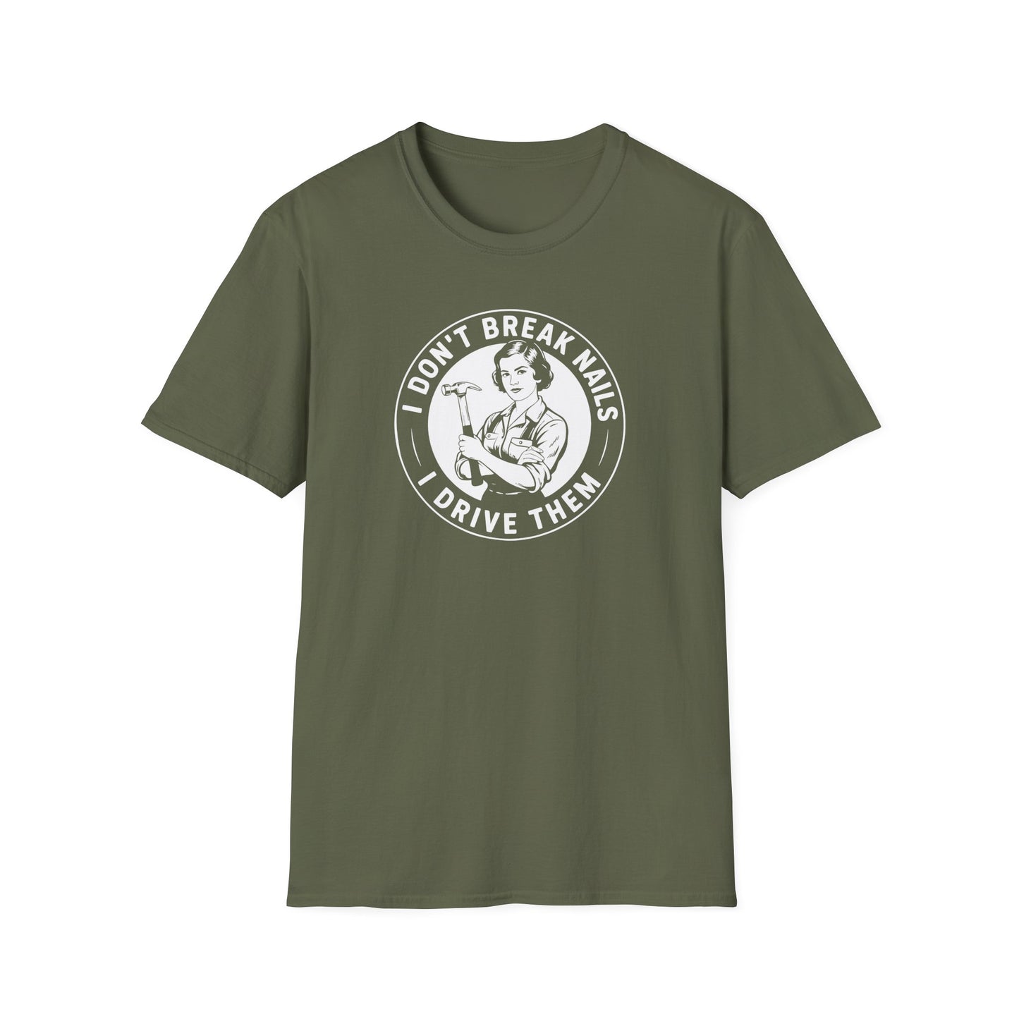 Green t-shirt with white graphic and 'I don't break nails' text on a white background