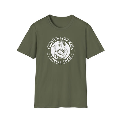 Green t-shirt with white graphic and 'I don't break nails' text on a white background