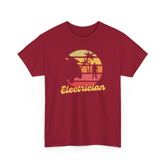Red t-shirt with a graphic design and the word 'Electrician' on a white background