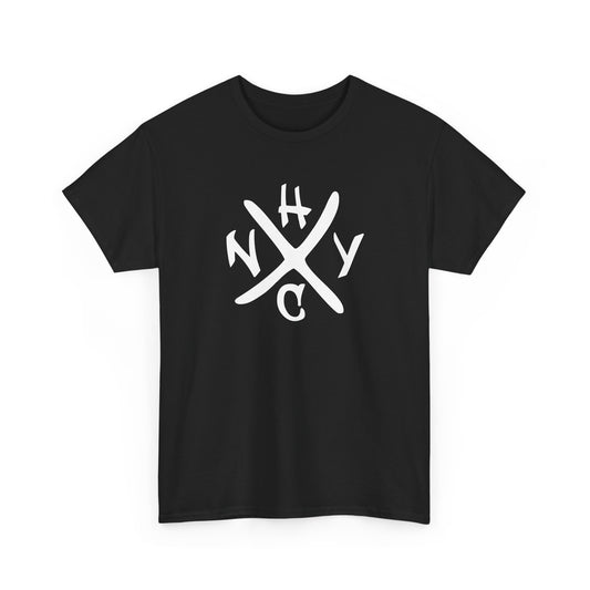 Black t-shirt with white 'NYC' logo on a white background