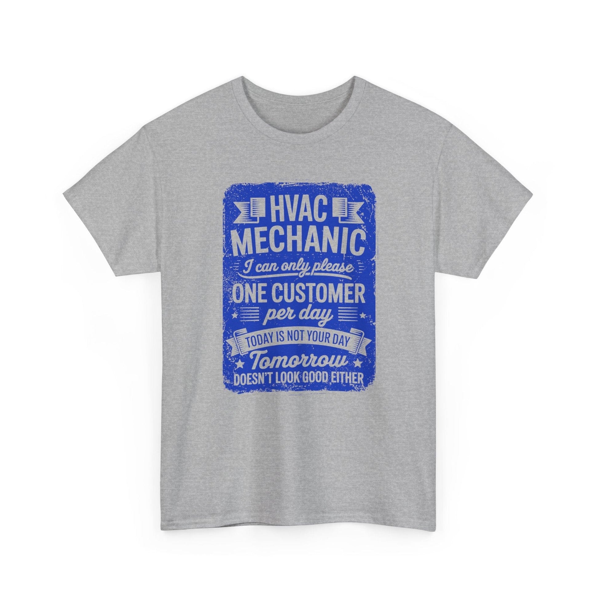 Gray t-shirt with blue HVAC Mechanic graphic on a white background