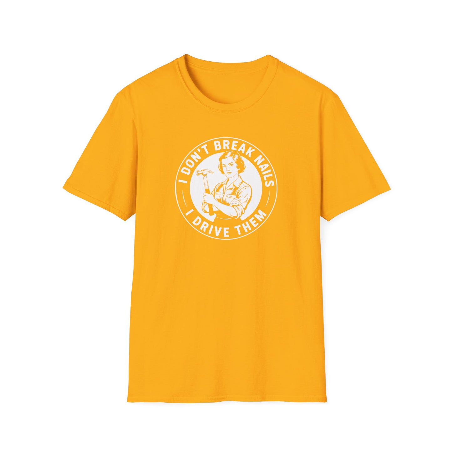 Yellow t-shirt with white graphic and 'I don't break nails' text on a white background