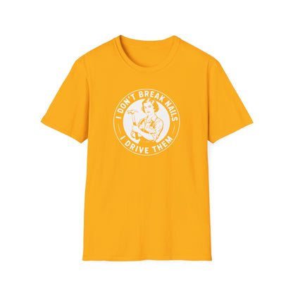 Yellow t-shirt with white graphic and 'I don't break nails' text on a white background