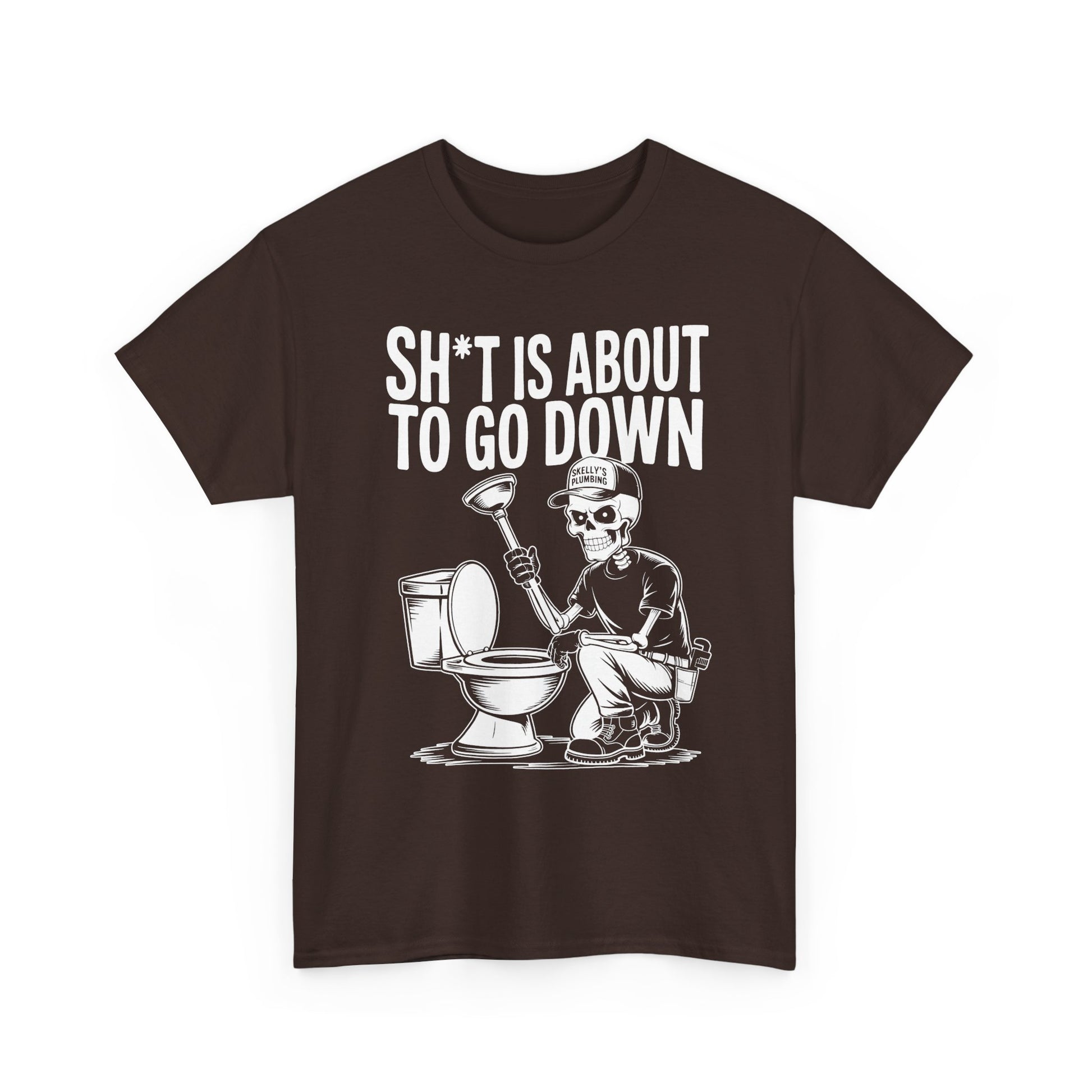 Brown t-shirt with skeleton graphic and text 'Sh*t is about to go down' on a white background