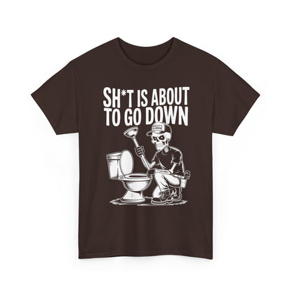 Brown t-shirt with skeleton graphic and text 'Sh*t is about to go down' on a white background