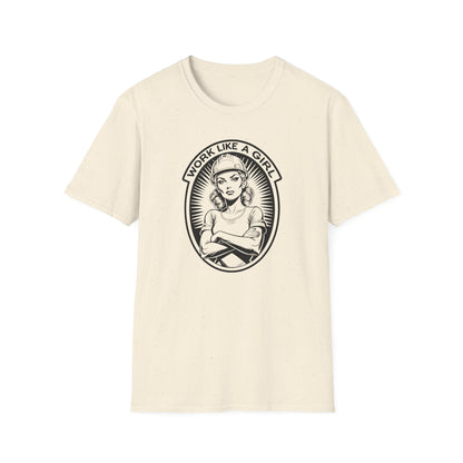 Beige t-shirt with graphic design and text 'Work Like a Girl' on a white background
