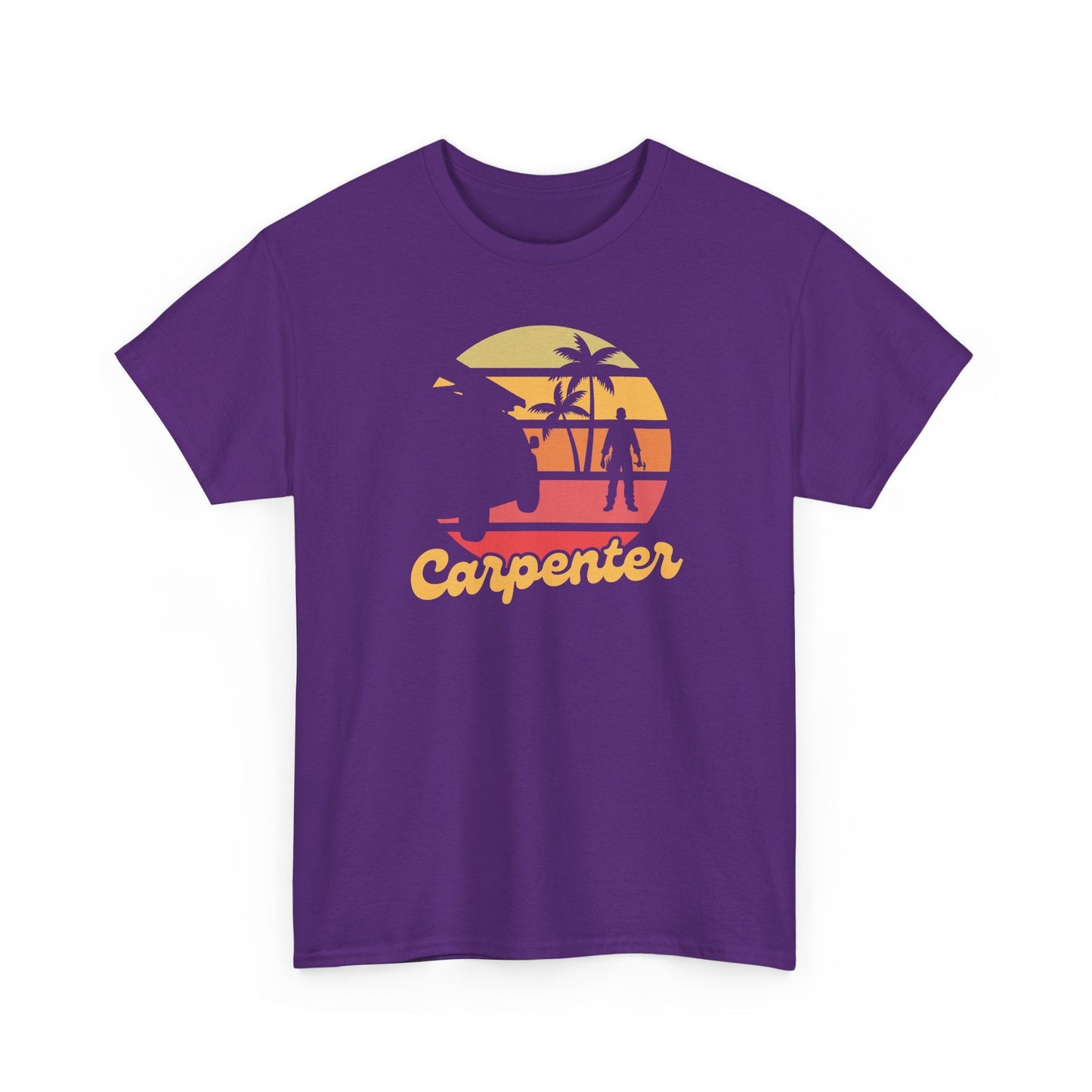 Purple t-shirt with a graphic design and the word 'Carpenter' on a white background