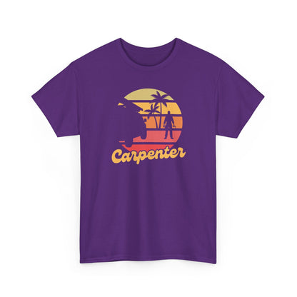 Purple t-shirt with a graphic design and the word 'Carpenter' on a white background