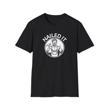 Black t-shirt with 'NAILED IT' graphic on a white background