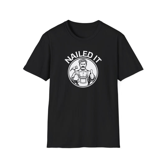 Black t-shirt with 'NAILED IT' graphic on a white background