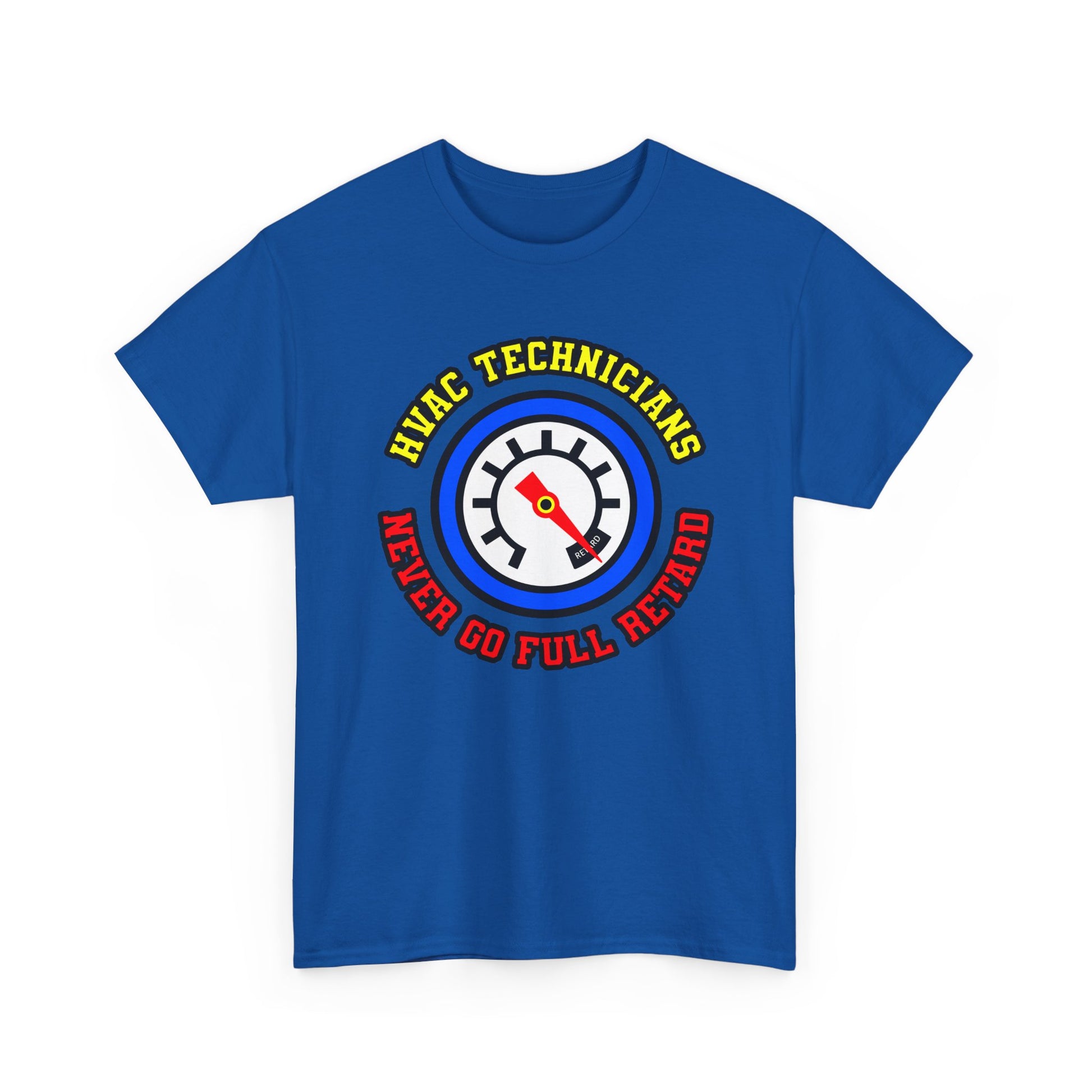 Blue t-shirt with HVAC technician graphic and text on a white background