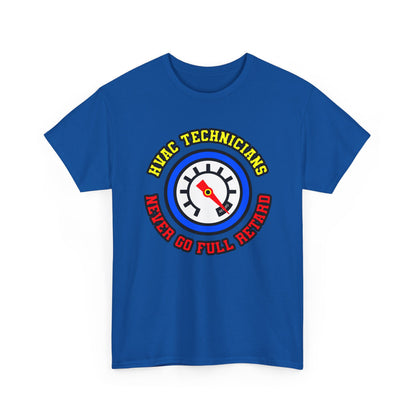 Blue t-shirt with HVAC technician graphic and text on a white background